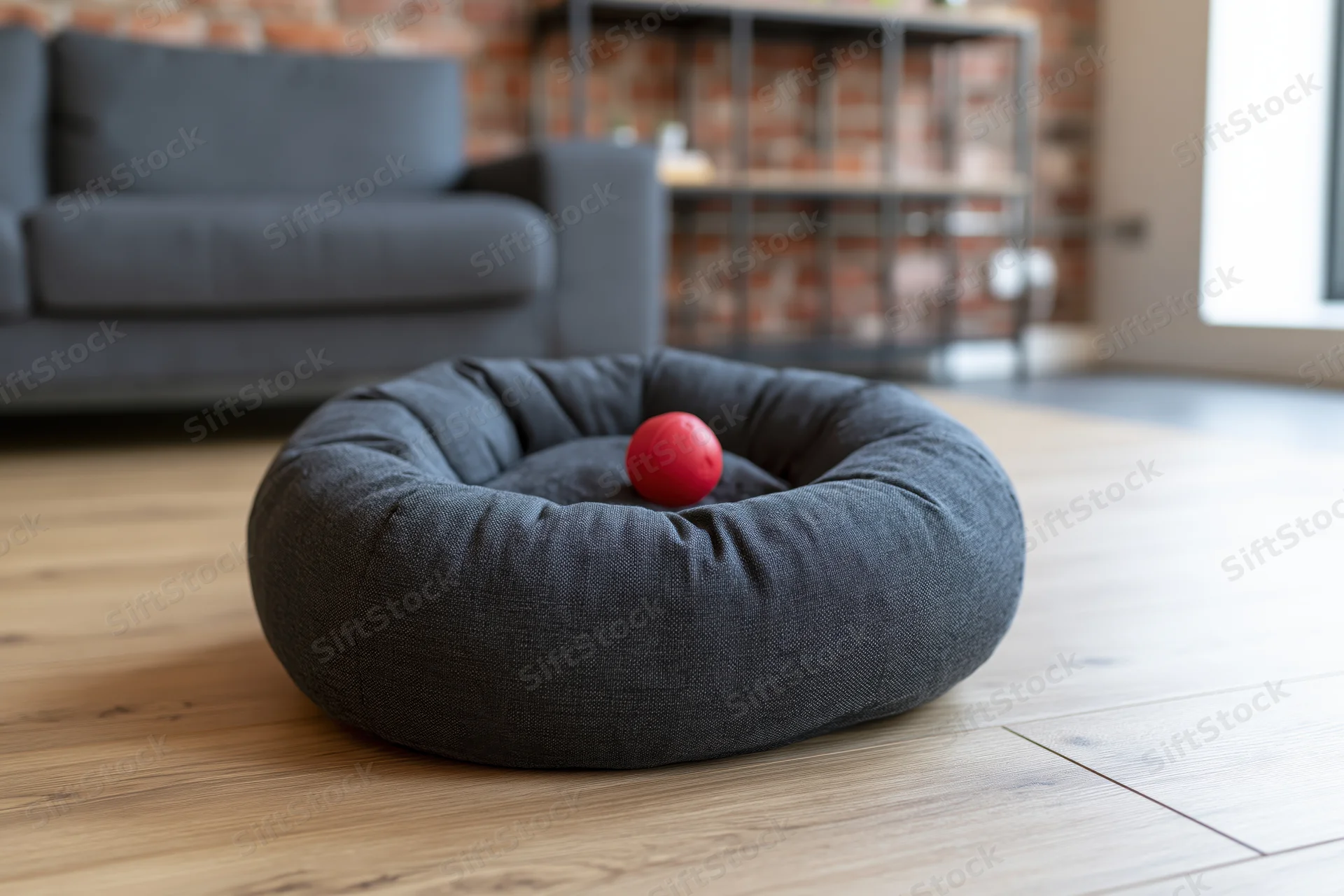 Dark grey fabric pet bed with red ball on light wood floor in living room