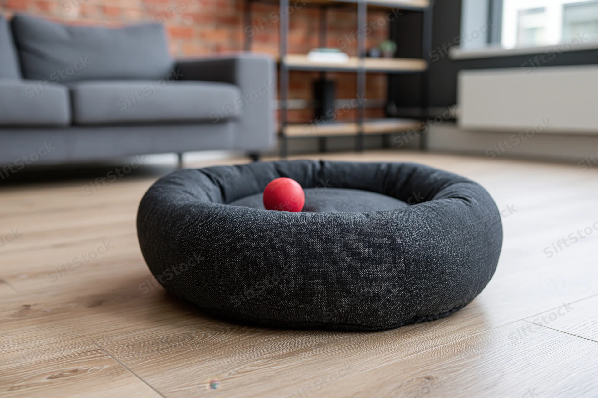 Dark grey fabric pet bed with red ball on light wood laminate floor in living room