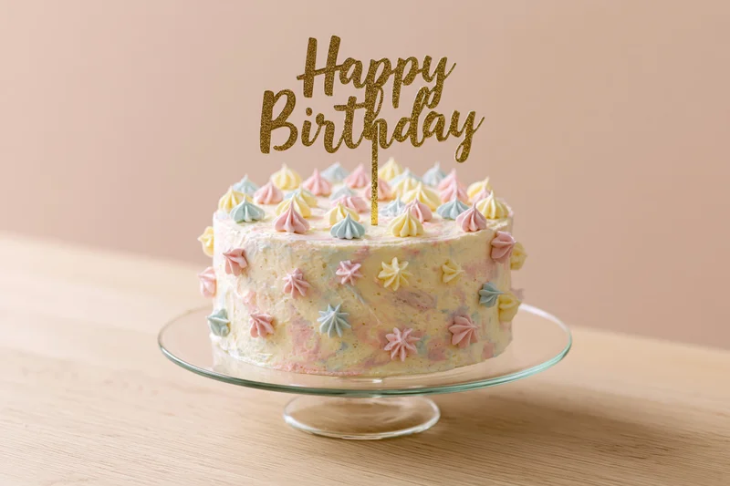 Decorated birthday cake with gold glitter topper on glass stand on wooden table