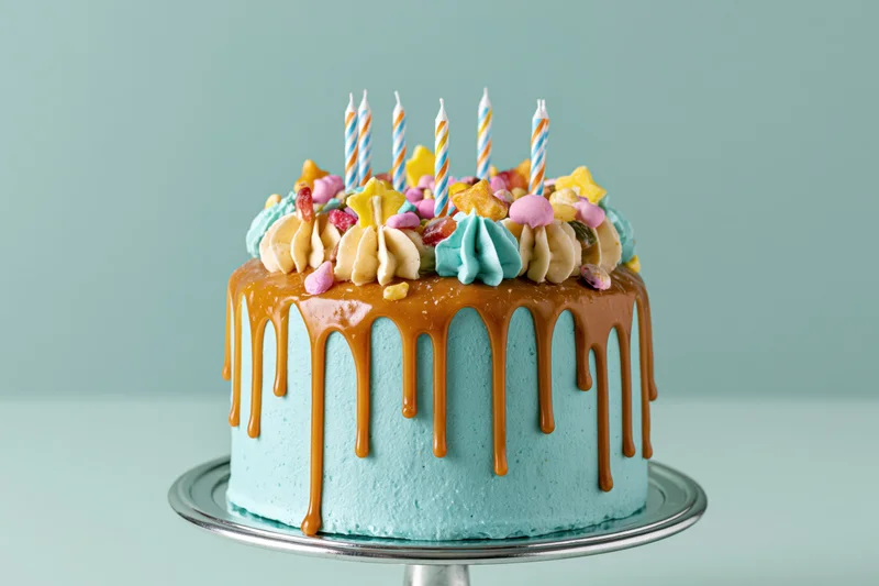 Blue frosted birthday cake with caramel drip and candles on silver stand