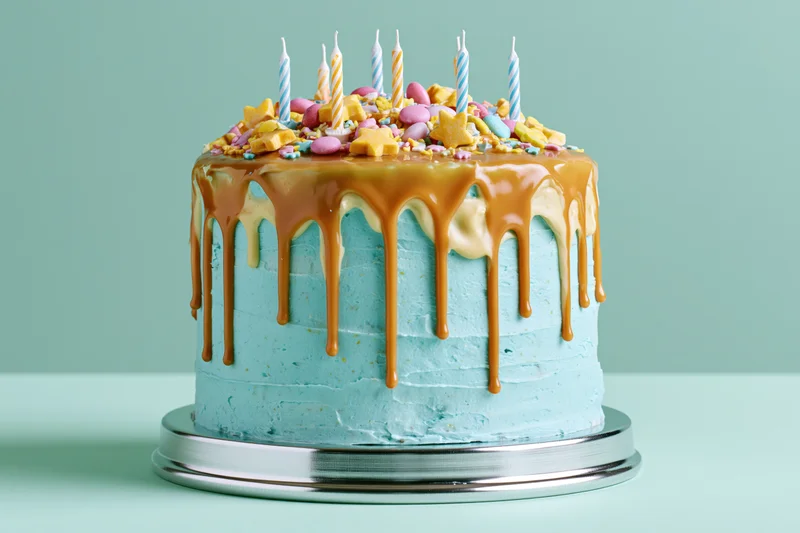 Blue frosted birthday cake with caramel drip and candles on silver stand