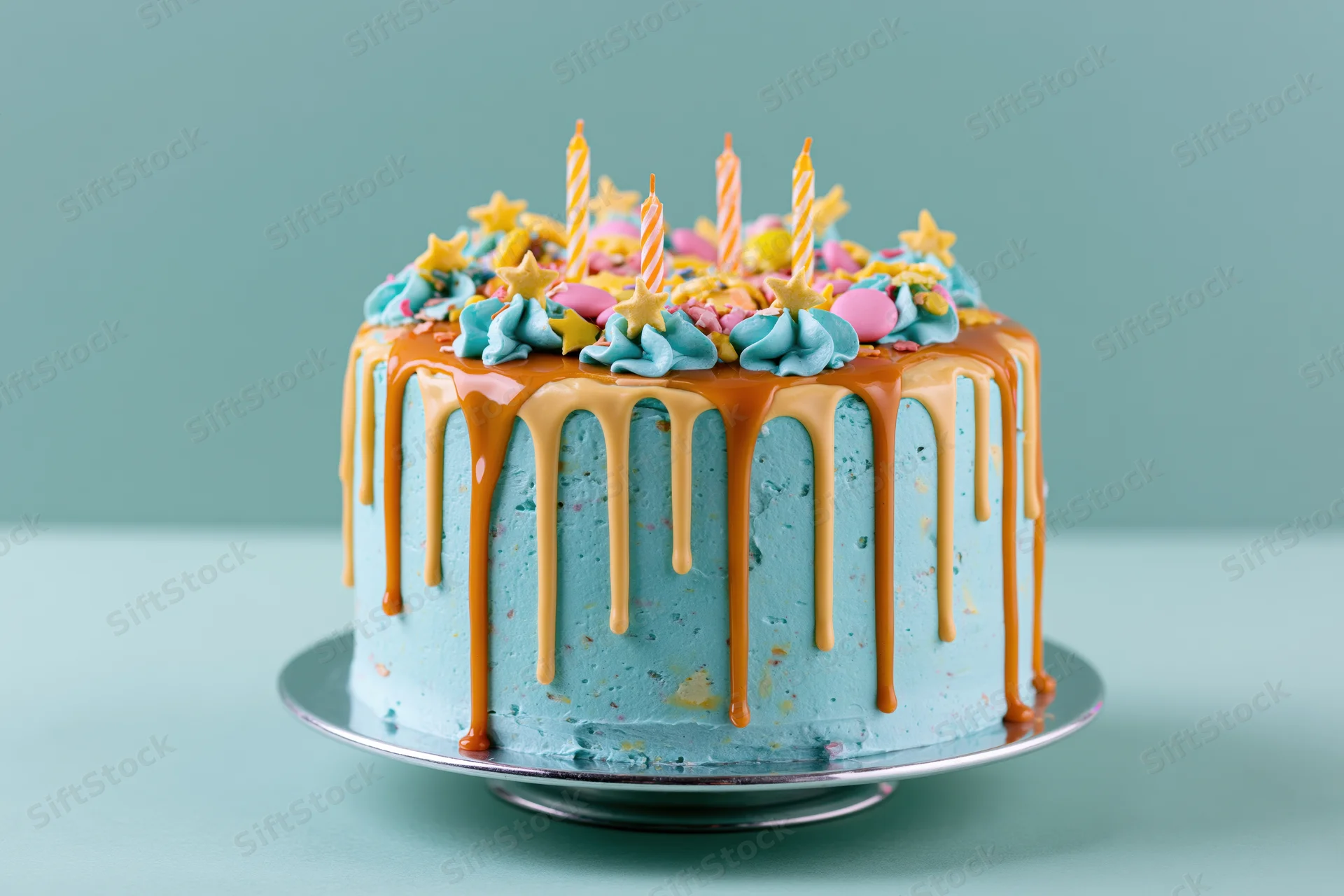 Decorated birthday cake with caramel drip and candles on a silver stand