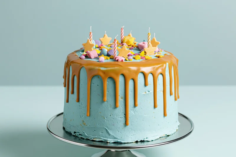 Blue frosted birthday cake with caramel drip and star candles on silver stand