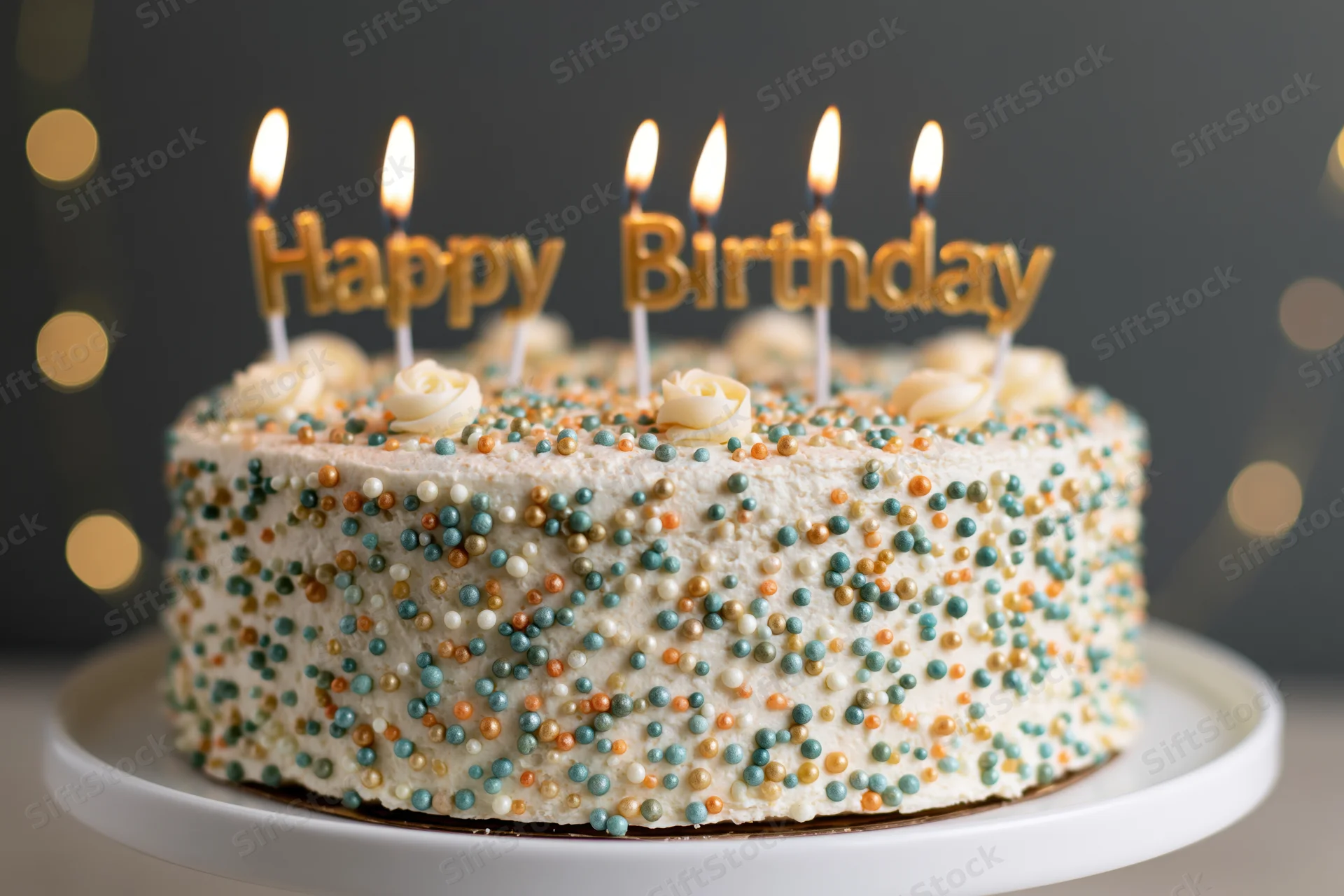 Decorated birthday cake with lit golden candles and colorful sprinkles on a white cake stand