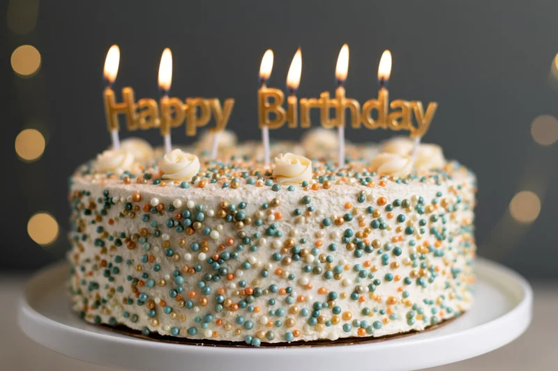 Decorated birthday cake with lit golden candles and colorful sprinkles on a white cake stand