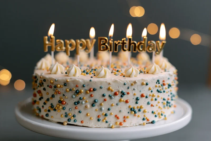 Decorated birthday cake with lit candles and sprinkles on a white stand