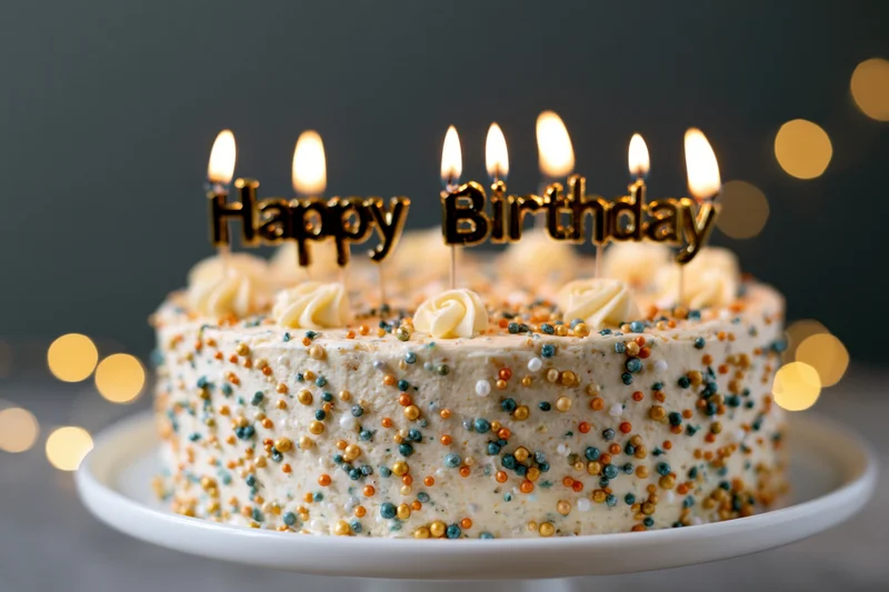 Birthday cake on a cake stand covered in white frosting