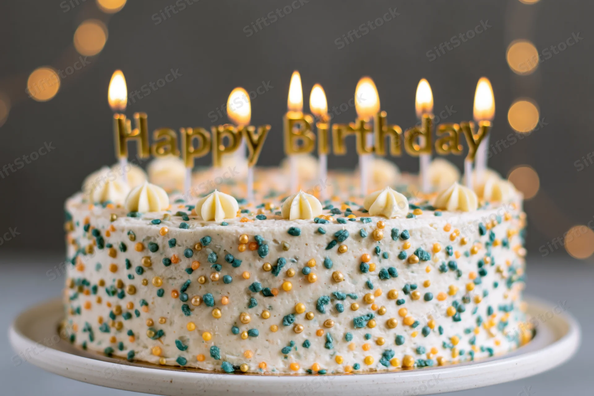 Birthday cake with lit candles and sprinkles on a white stand