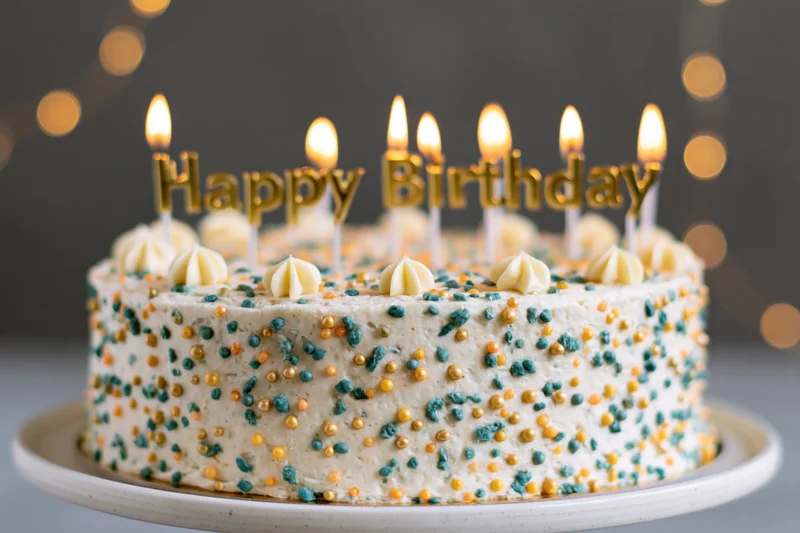 Birthday cake with lit candles and sprinkles on a white stand
