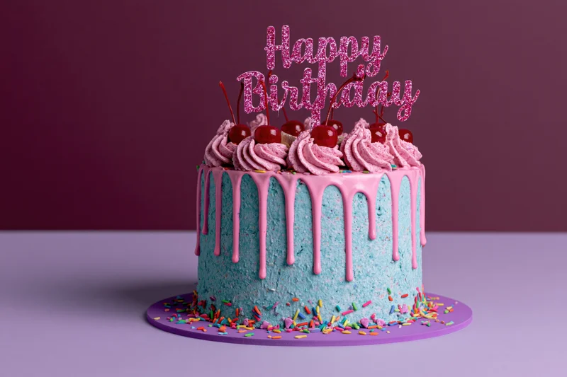 Blue frosted birthday cake with pink drip icing and cherry topper on purple stand