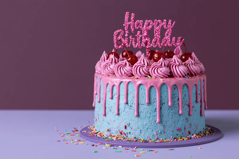 Blue frosted birthday cake with pink drip icing and cherry topper on purple stand