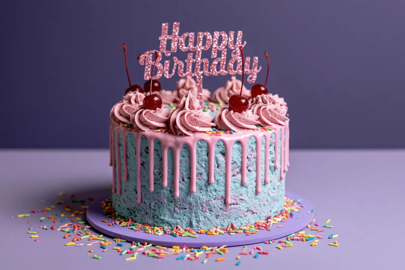 Decorated birthday cake with pink drip icing and sprinkles on purple surface