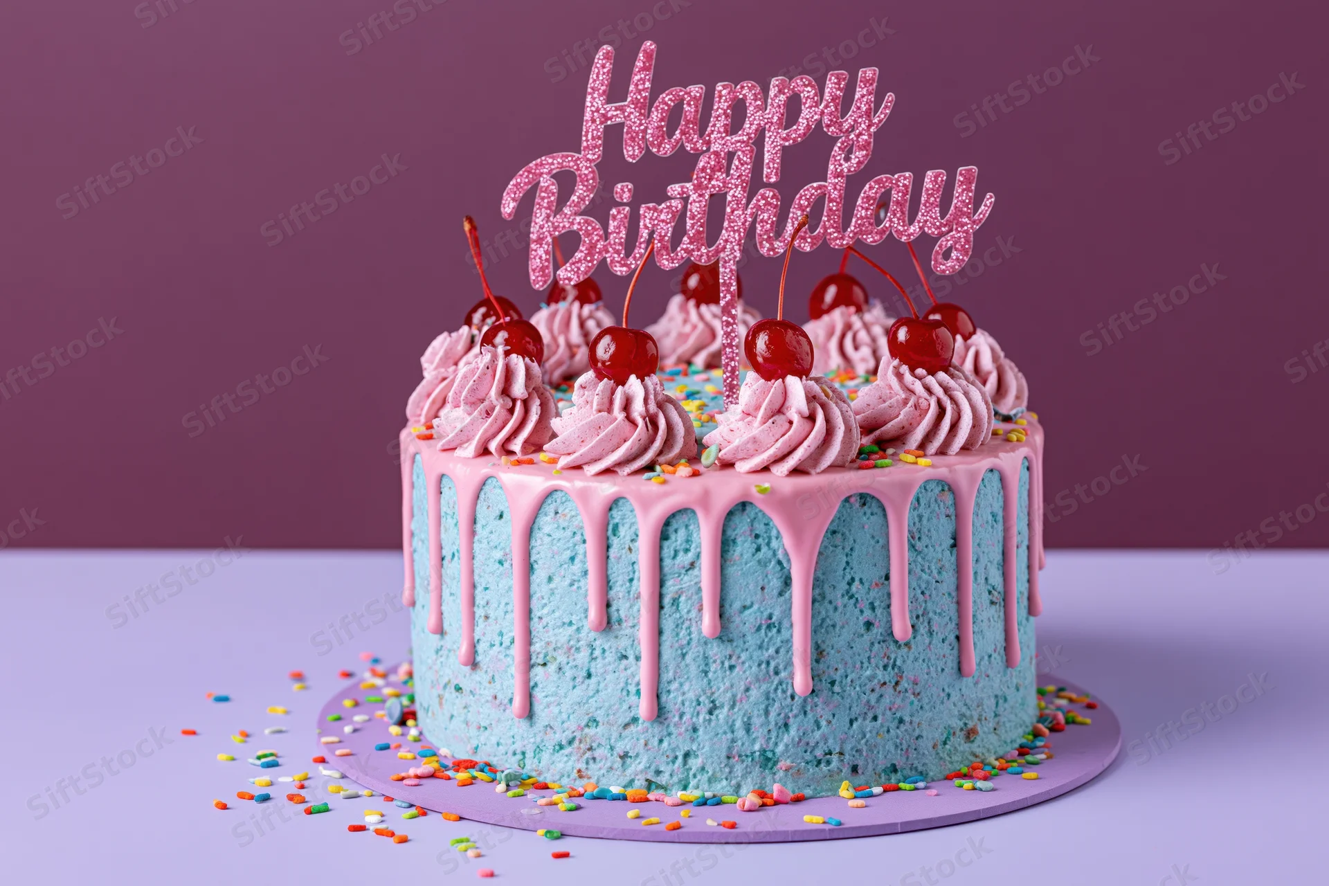 Blue and pink birthday cake with drip frosting, cherries, sprinkles, and happy birthday topper on a purple surface