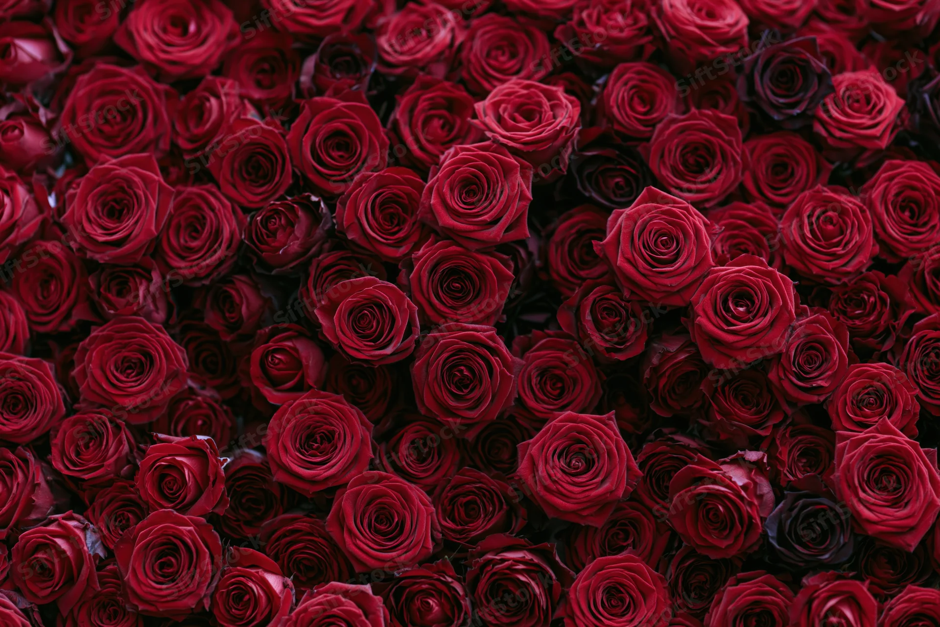 Dense wall of red roses packed tightly together as a floral backdrop