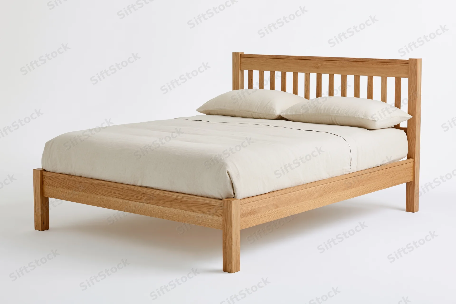 Double bed with solid oak frame and cream bedding on white background