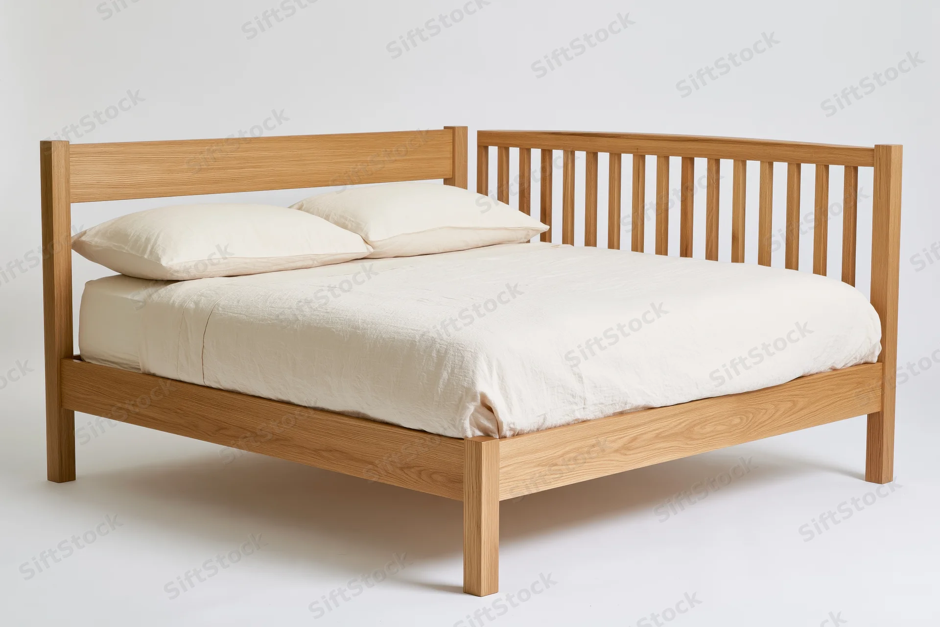 Double bed with solid oak wooden frame and white bedding on plain background