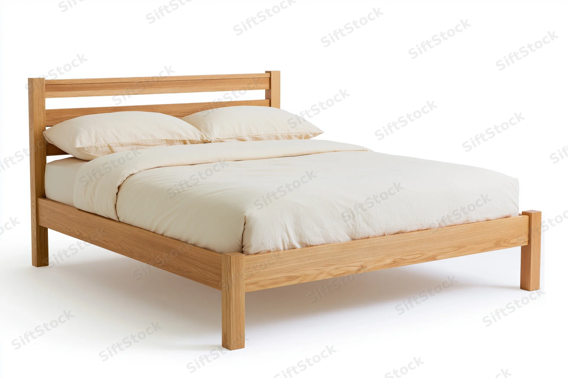 Double bed with solid oak wooden frame and cream bedding on white background