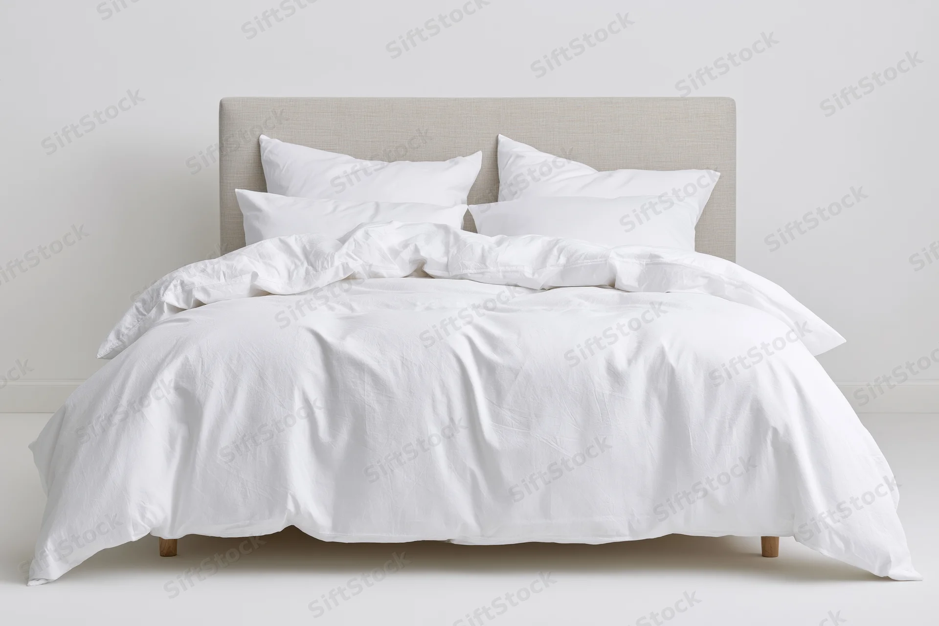 Double bed with white cotton bedding and rumpled duvet in minimalist bedroom