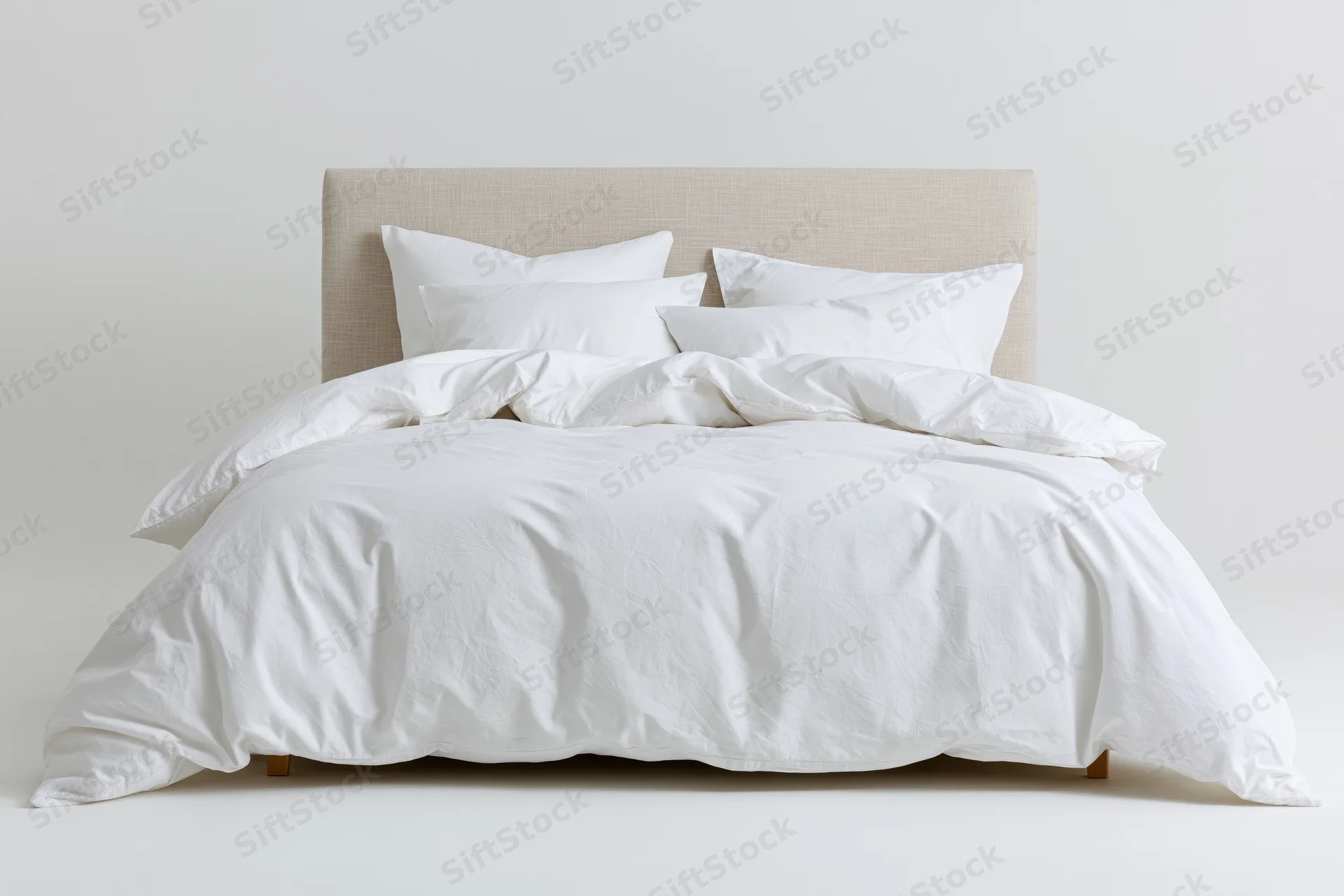 Double bed with white cotton bedding and rumpled duvet against plain white background