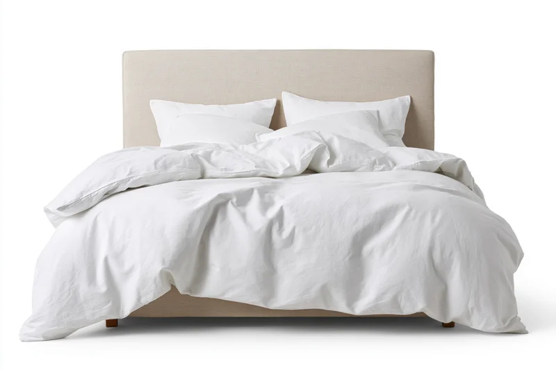 Double bed with white cotton bedding and beige headboard, slightly rumpled, isolated on white background