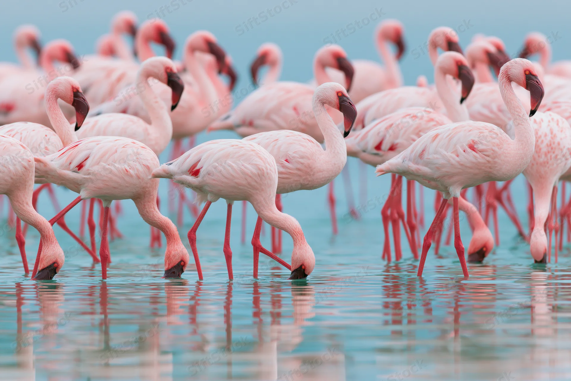 Flock of lesser flamingos wading in shallow salt lake water with reflections