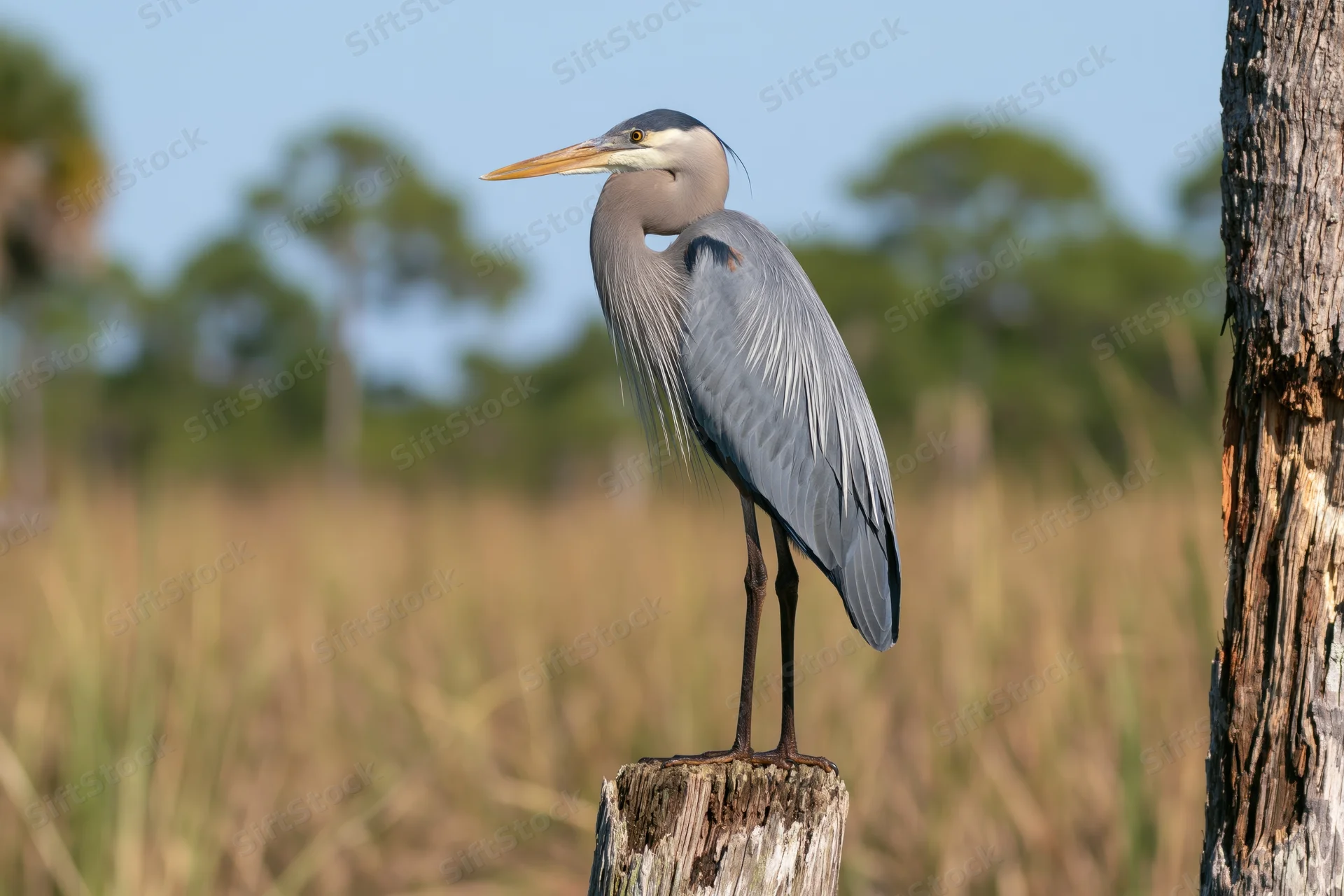Great blue heron standing upright on a weathered wooden post in a marshy field