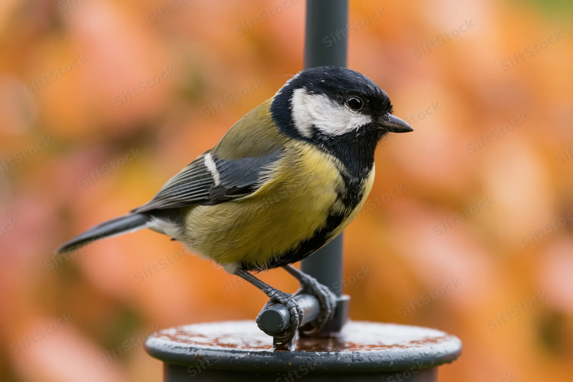 Great tit perched on wet metal seed feeder gripping pole outdoors