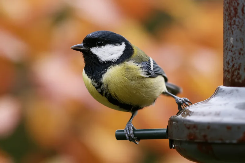 Great tit perched on a wet dark metal seed feeder gripping the tube with claws in autumn garden