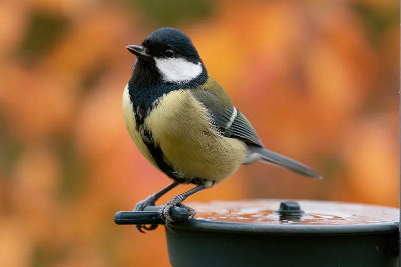 Great tit perched on a wet dark metal seed feeder gripping with claws in autumn garden