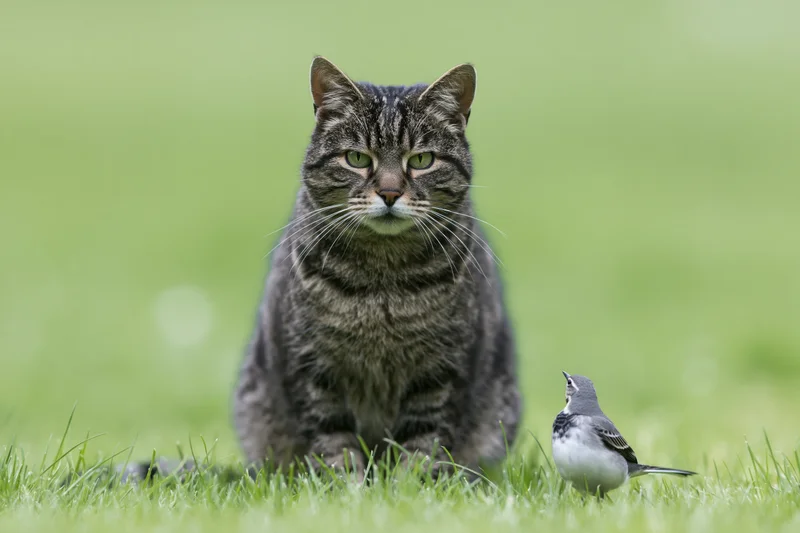 Grey tabby cat sitting alert in short grass beside a small bird