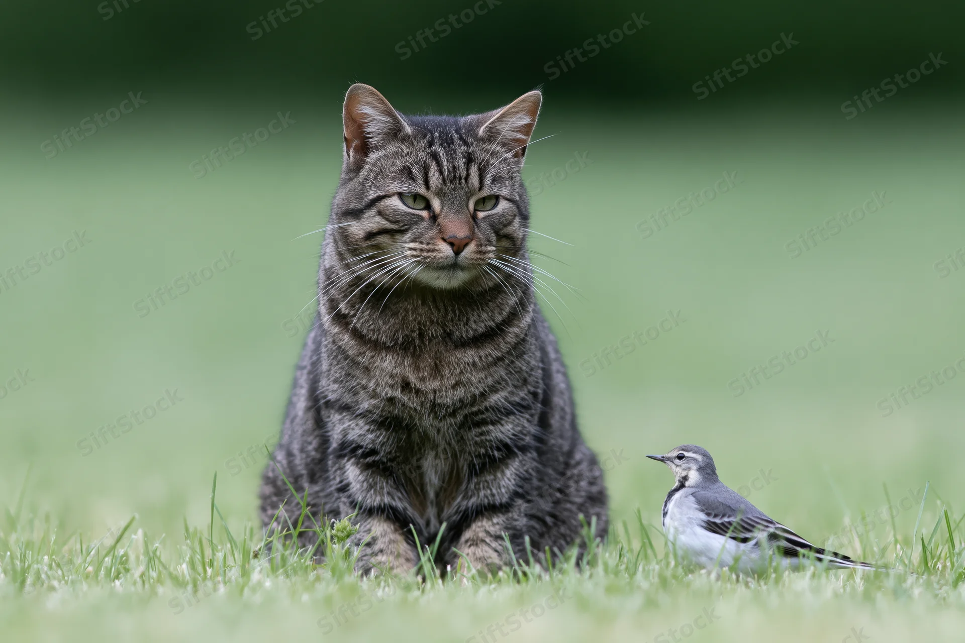 Grey tabby cat sitting alert in short grass beside a small bird