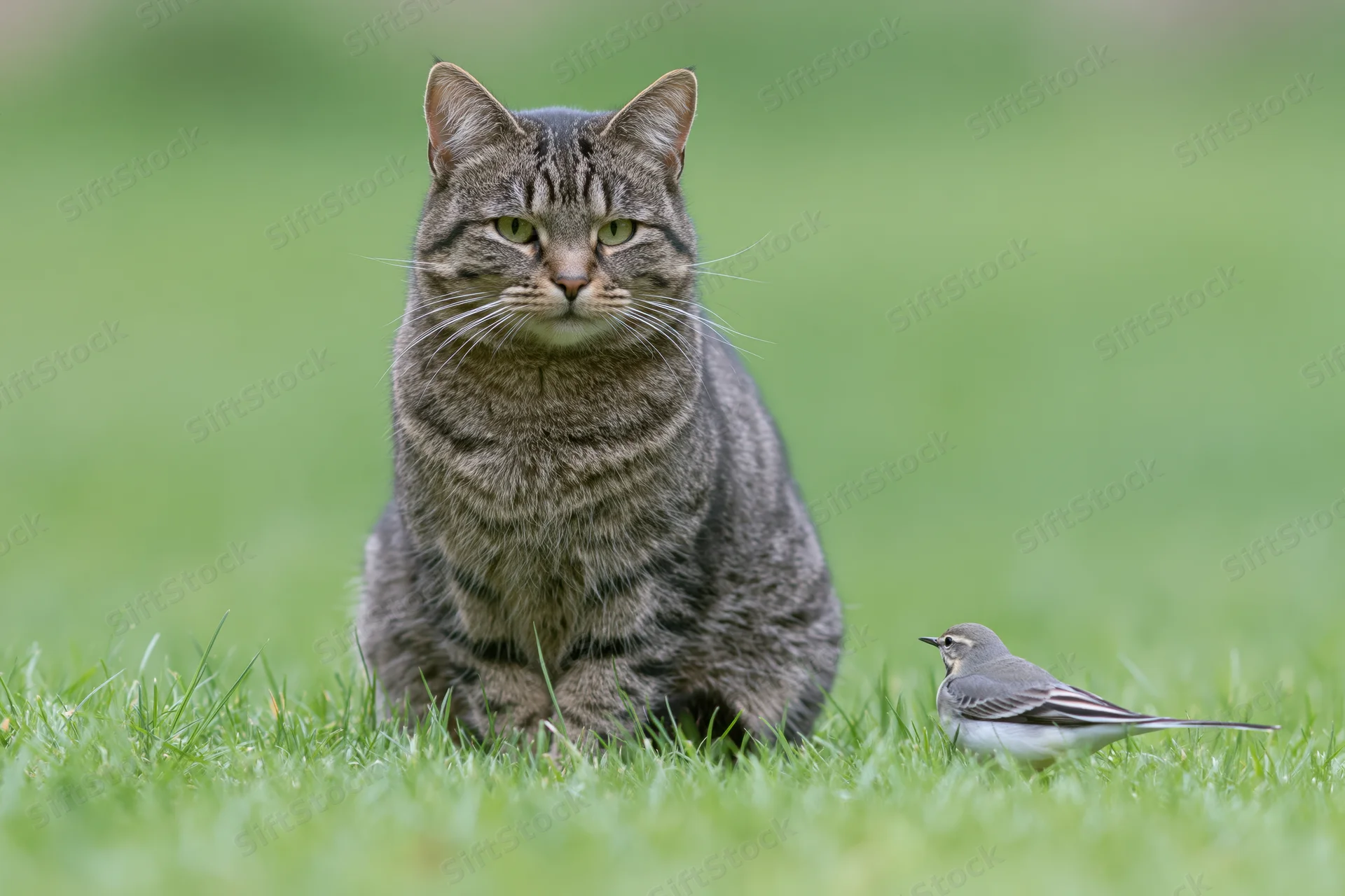 Grey tabby cat sitting alert in short grass beside a small bird