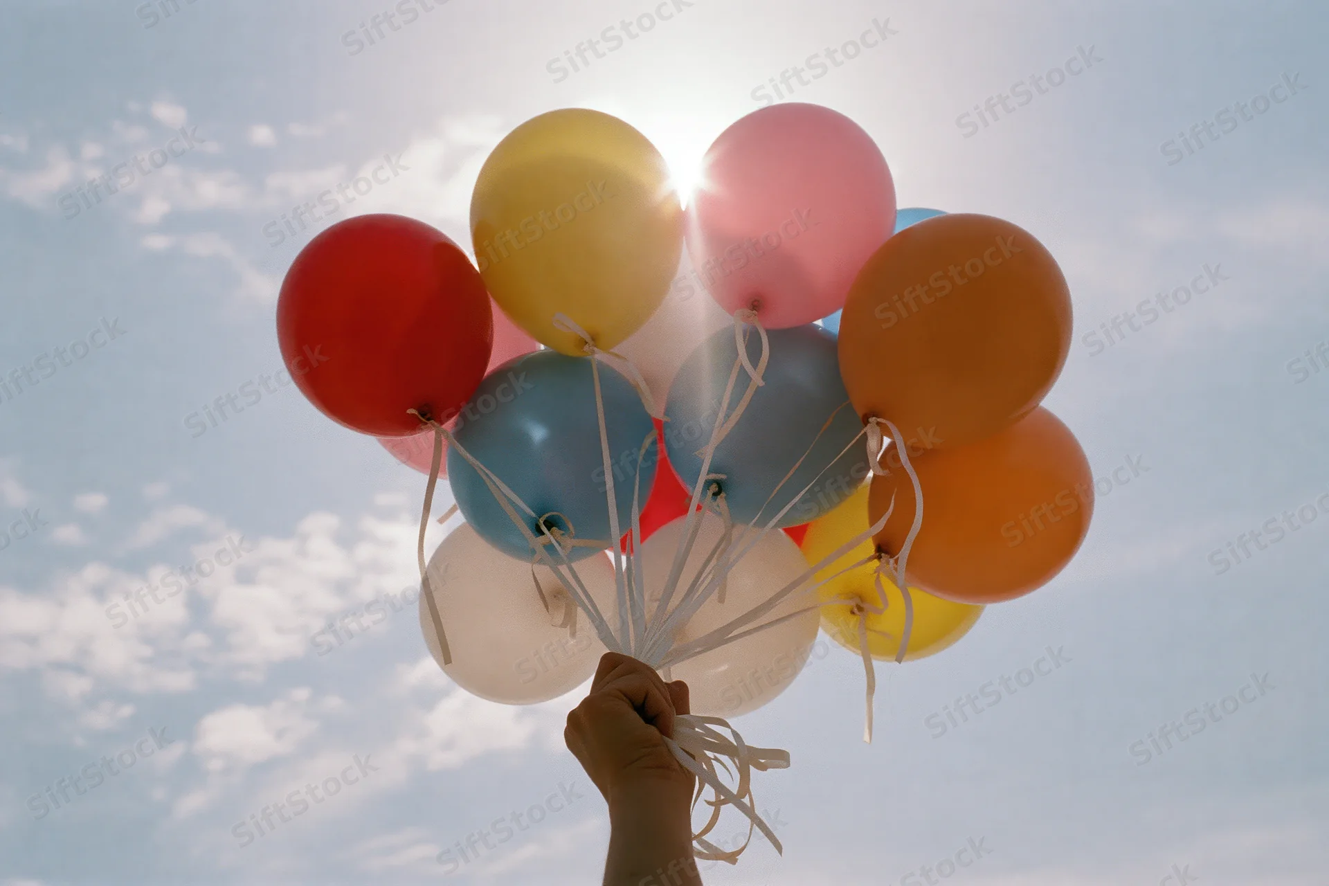 Hand holding a bunch of multicolored latex balloons against a bright sky with sun and clouds