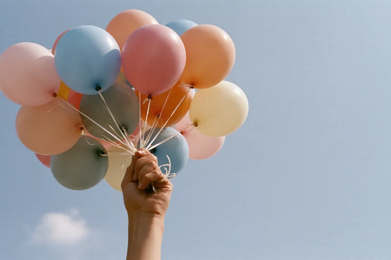 Hand holding a bunch of multicolored helium balloons against a blue sky