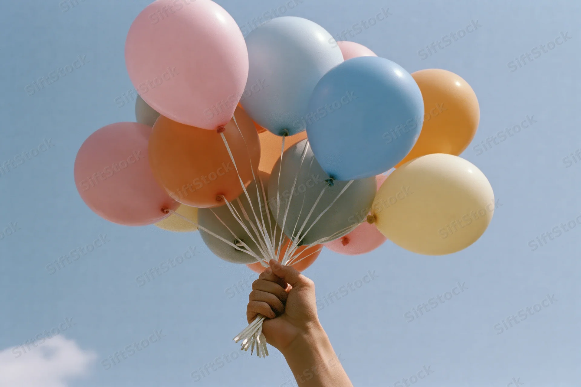 Hand gripping a cluster of multicolored helium balloons against a clear blue sky