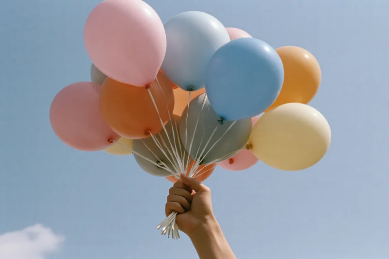 Hand gripping a cluster of multicolored helium balloons against a clear blue sky