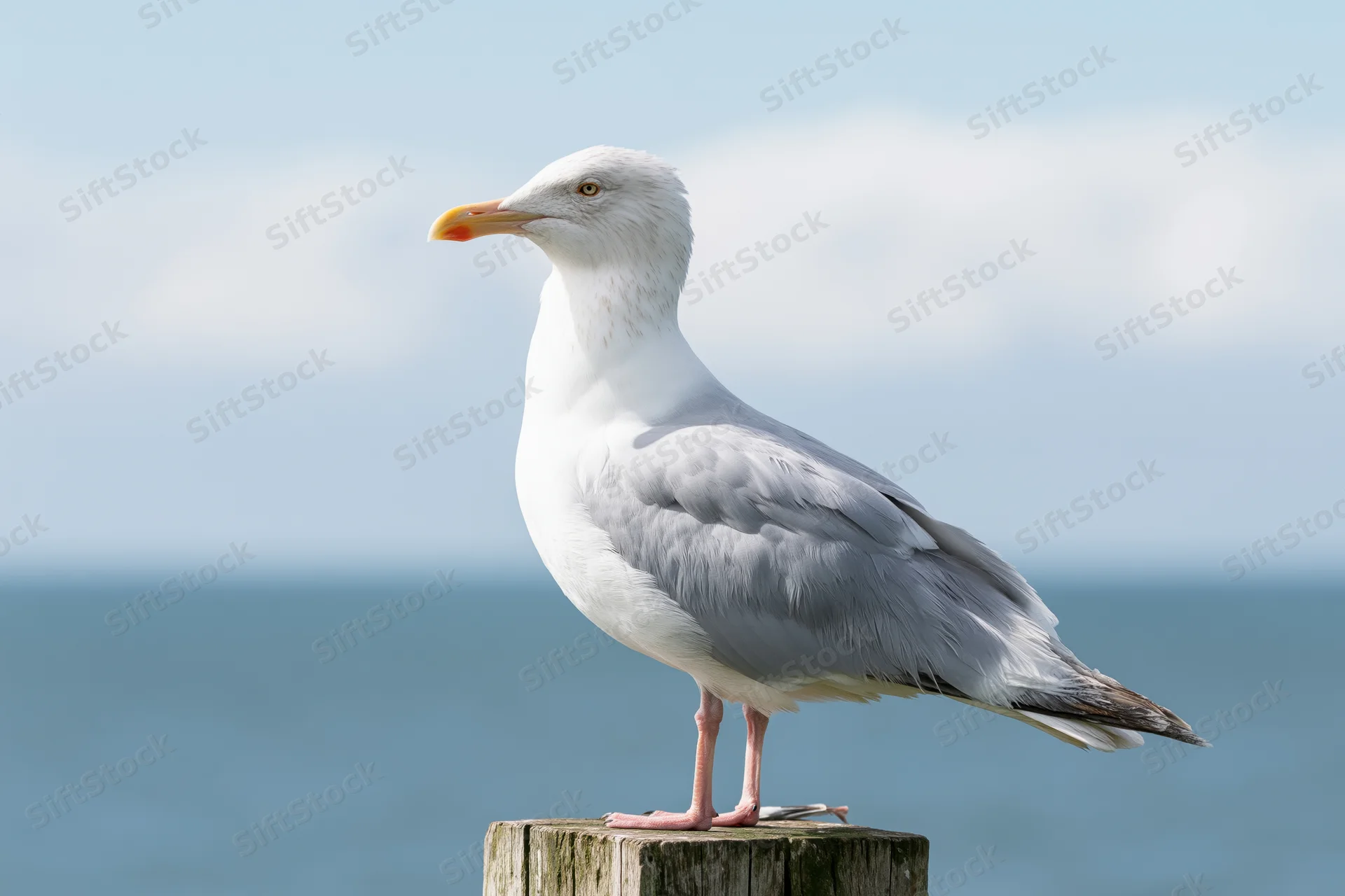 Herring seagull standing upright on a weathered wooden post by the sea