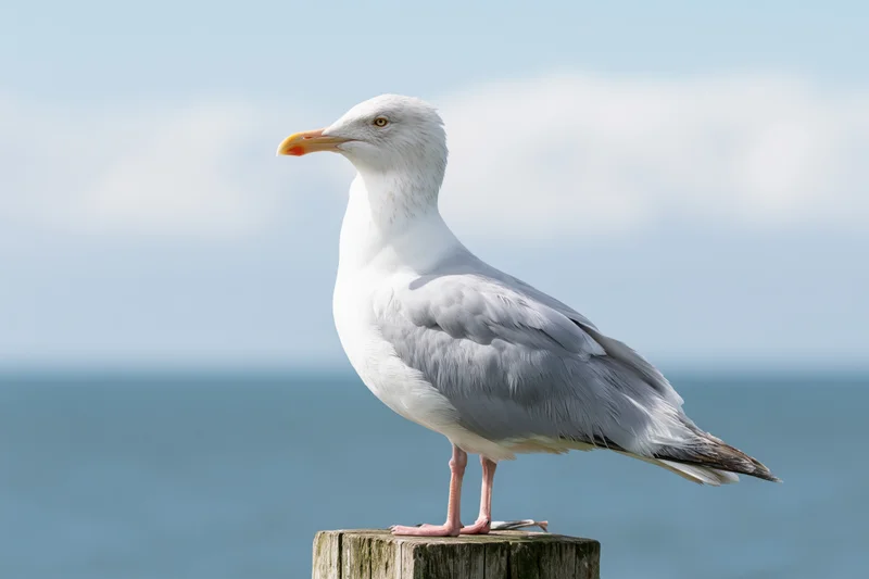Herring seagull standing upright on a weathered wooden post by the sea