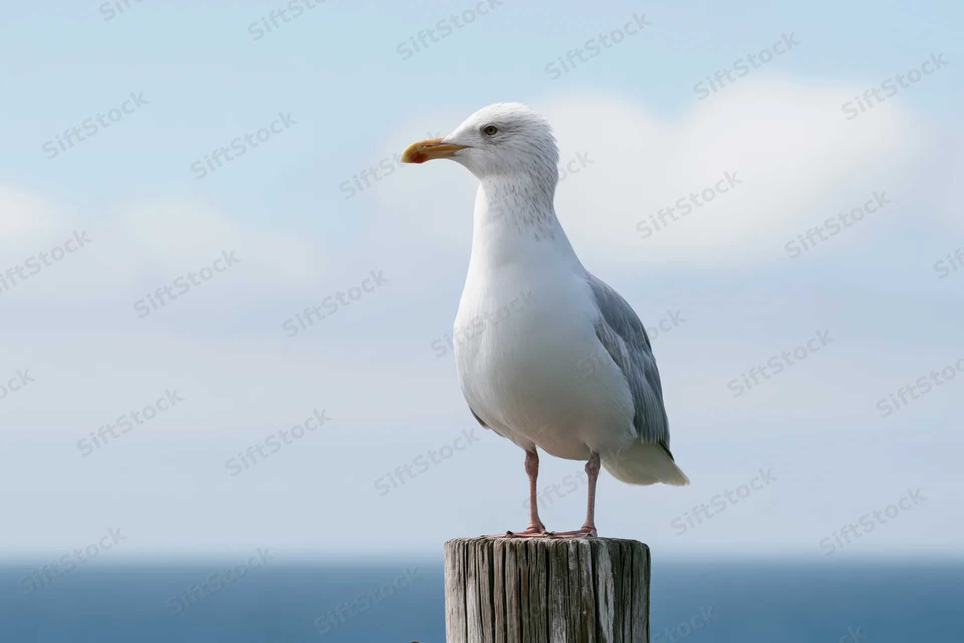 Herring seagull standing upright on a weathered wooden post against a calm ocean and sky backdrop