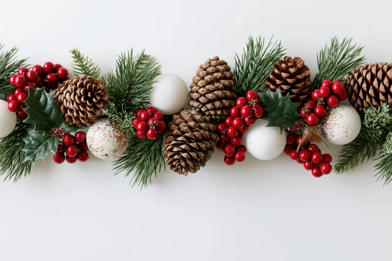 Horizontal christmas garland with pine cones holly berries and white ornaments on white background