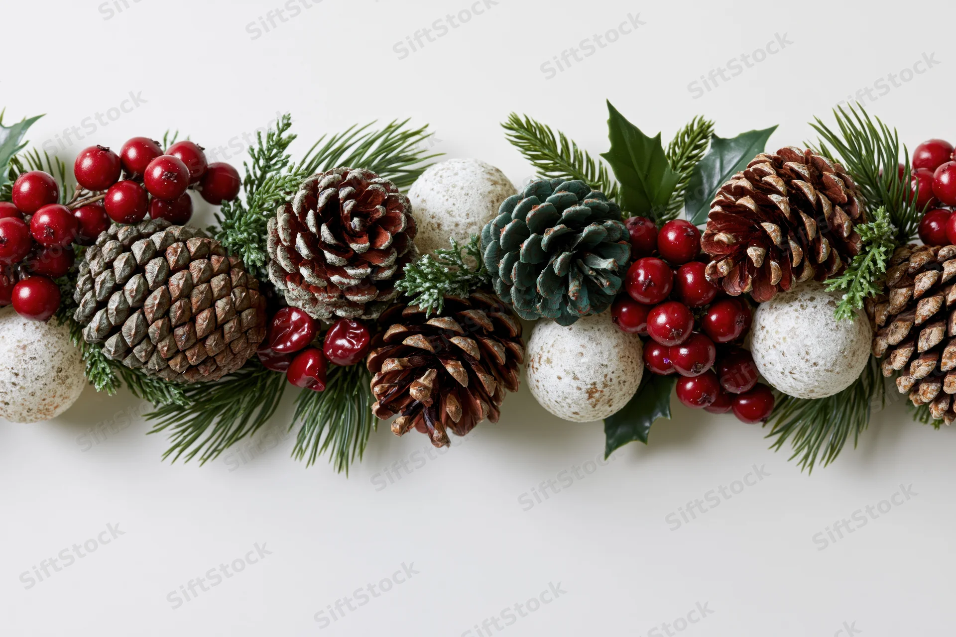 Horizontal christmas garland with pine cones holly berries and white ornaments on white background