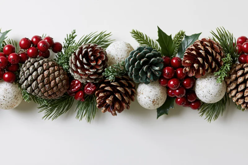 Horizontal christmas garland with pine cones holly berries and white ornaments on white background