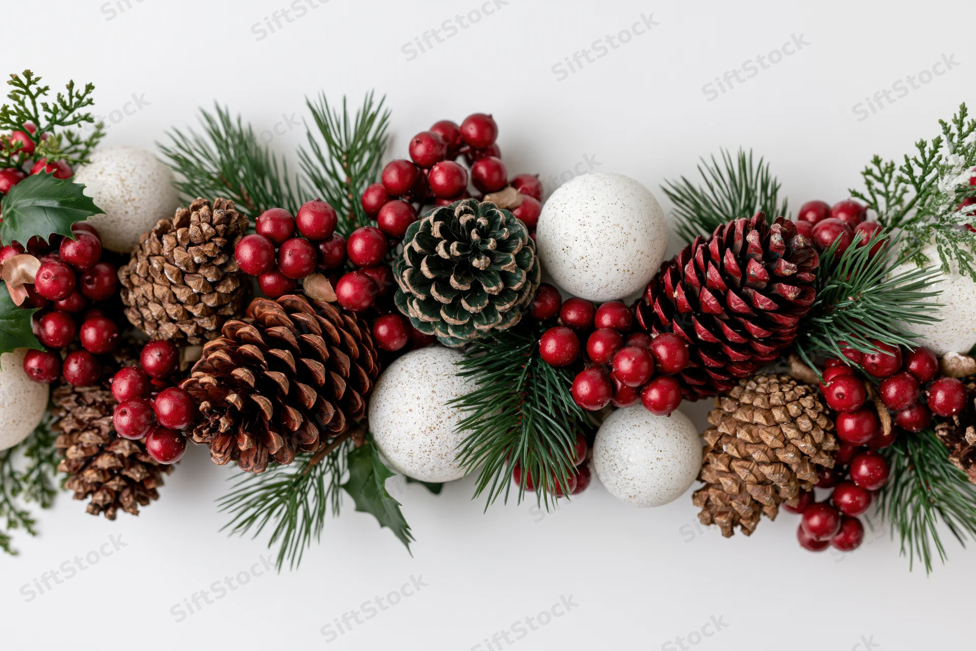Horizontal christmas garland with pine cones red berries and white ornaments on white background