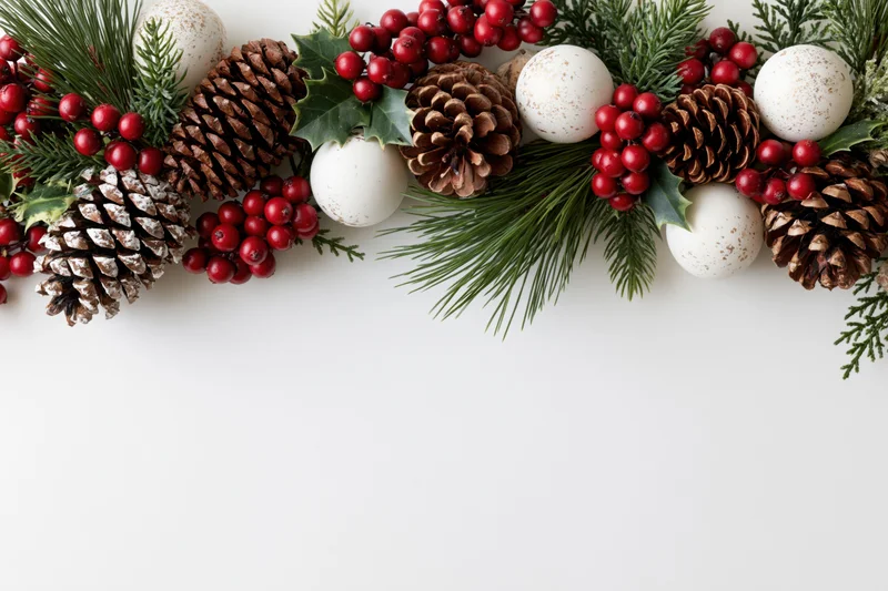 Horizontal christmas garland with pine cones holly berries and white ornaments on white background