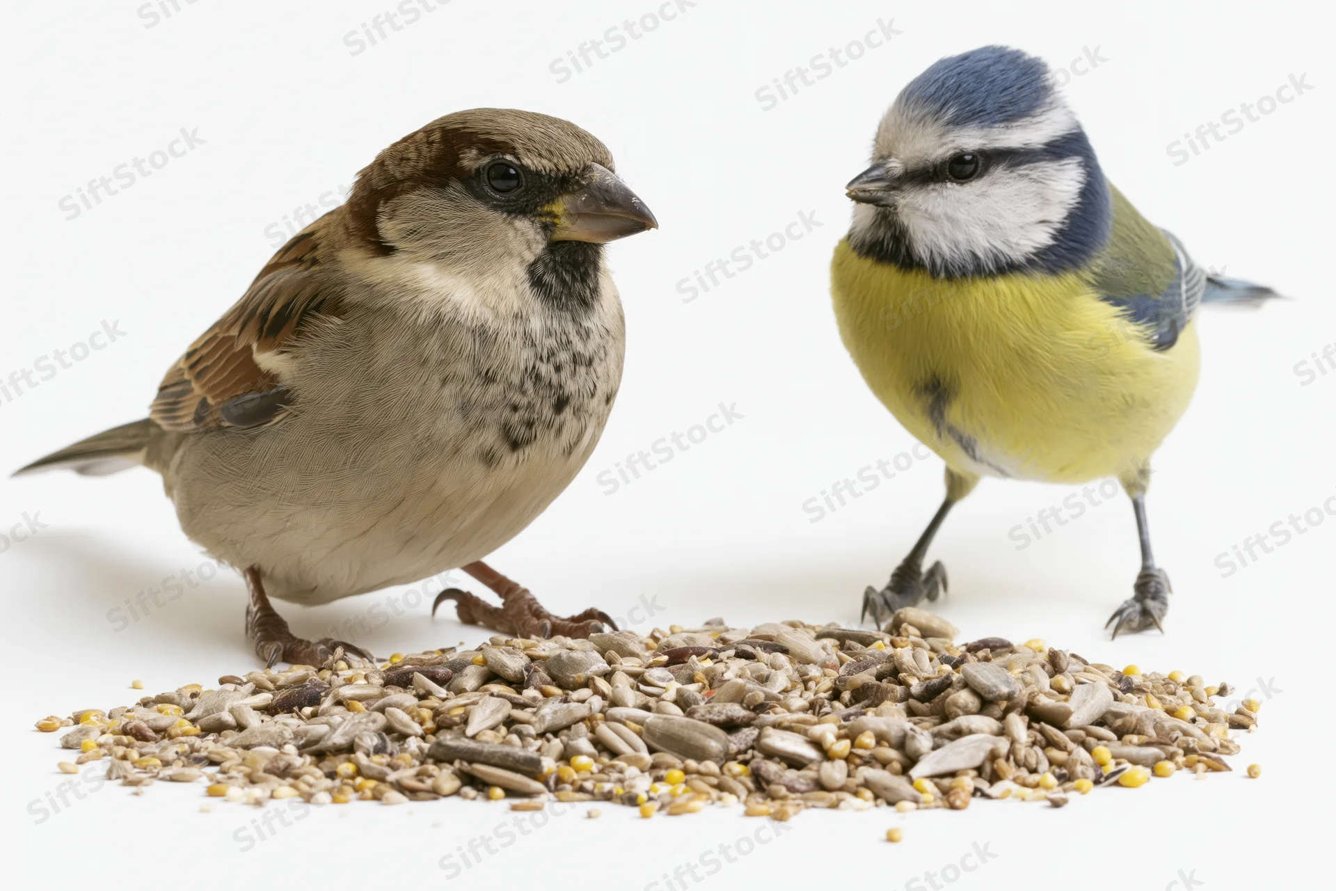 House sparrow and blue tit standing on either side of a pile of birdseed on white background