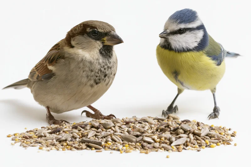 House sparrow and blue tit standing on either side of a pile of birdseed on white background