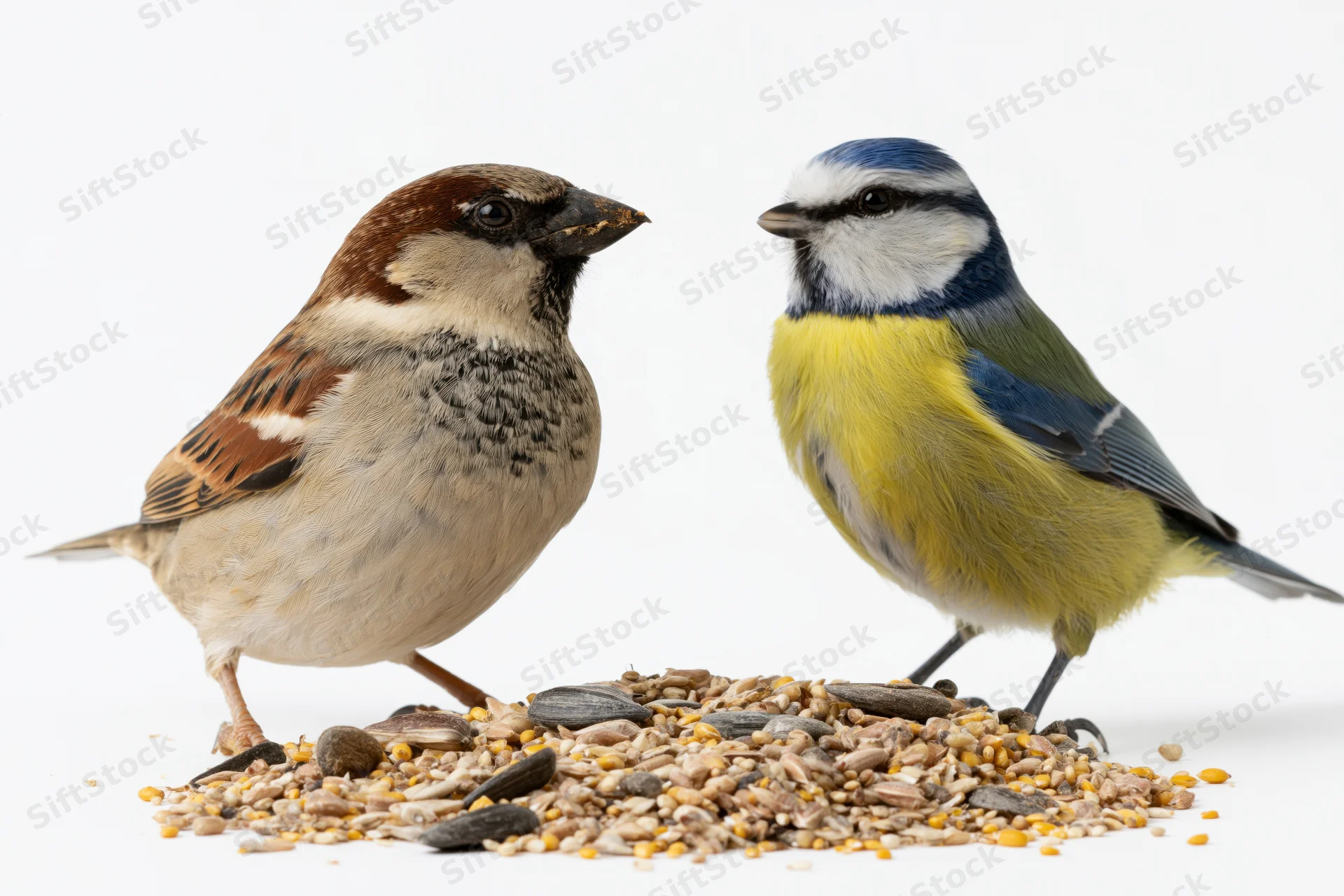 House sparrow and blue tit perched on birdseed against white background