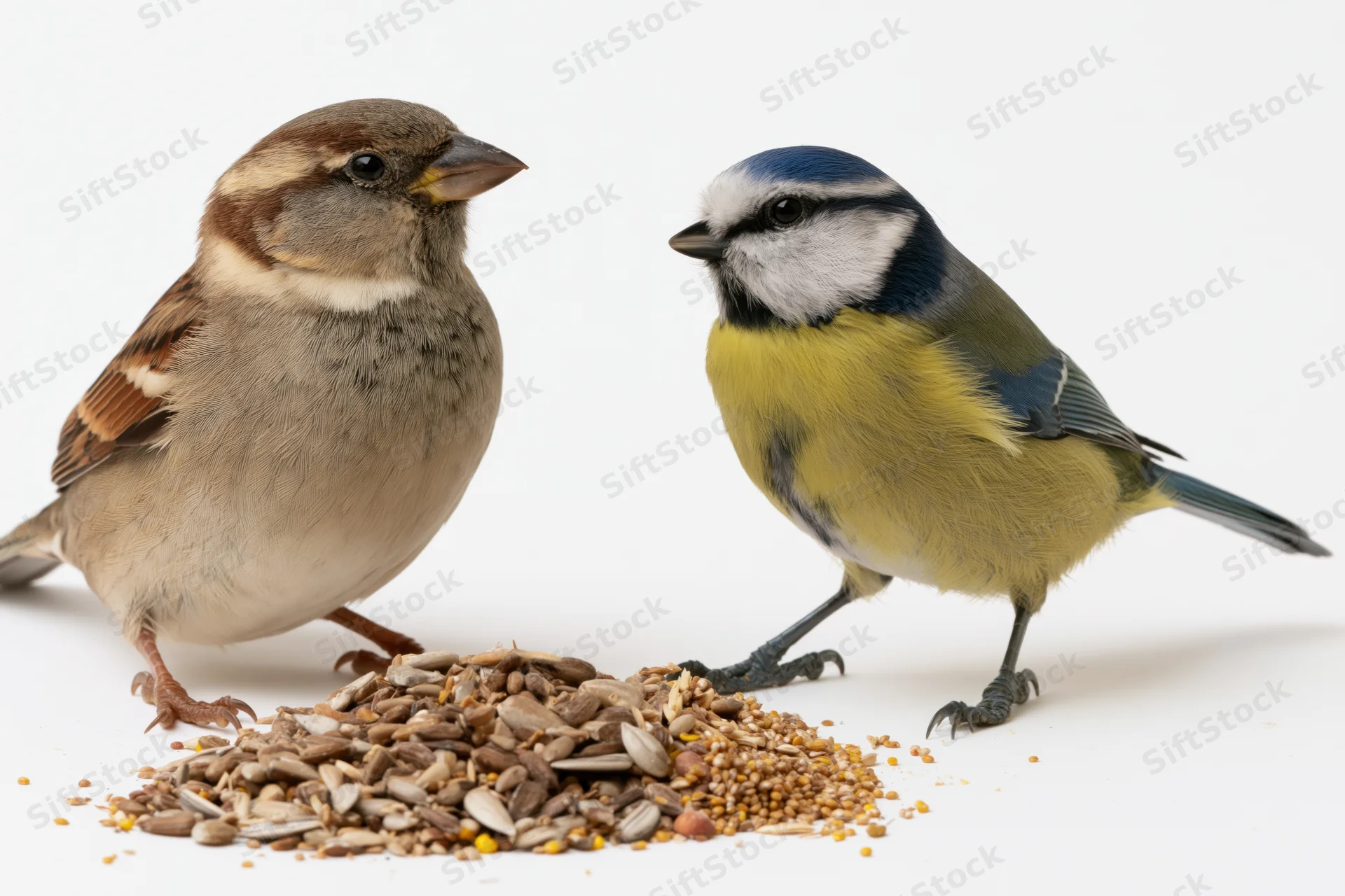 House sparrow and blue tit standing on either side of a pile of birdseed on white background