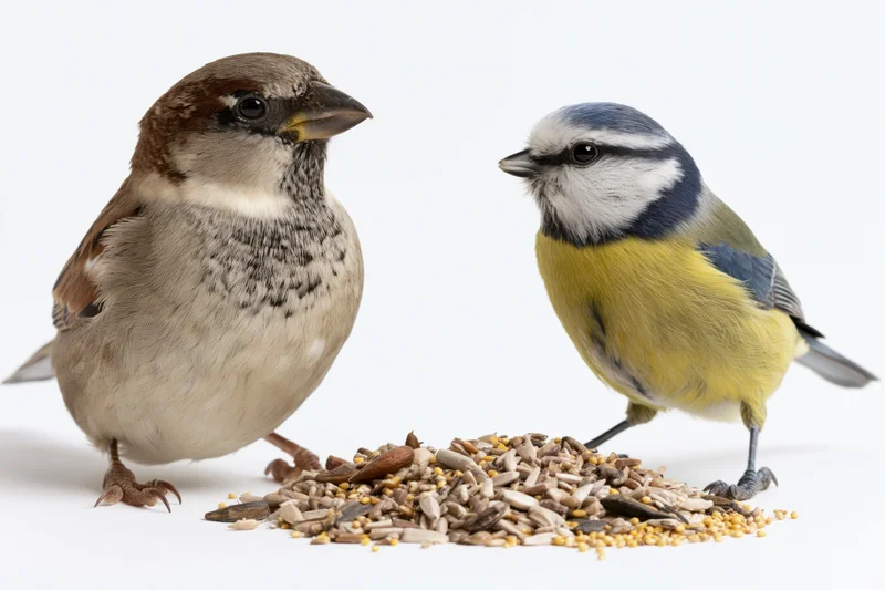 House sparrow and blue tit perched on either side of a pile of birdseed on white background