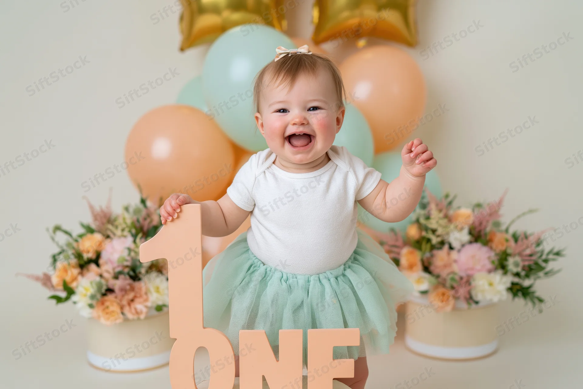Laughing baby girl holding large number one prop at first birthday party
